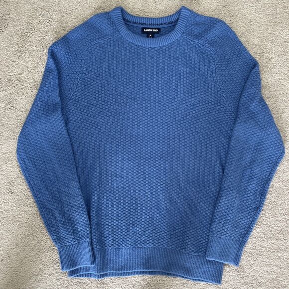 Lands End Chunky Knit Sweater Mens Medium Blue Fisherman Textured Preppy Warm - Picture 1 of 6